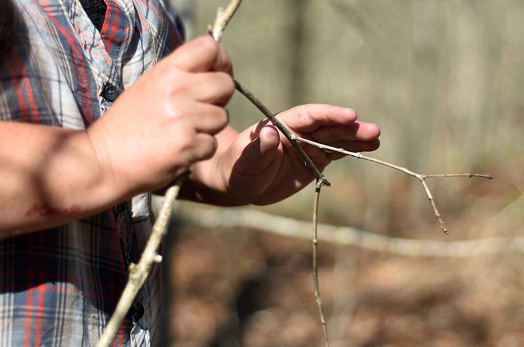 Shannon Huff breaks twigs off of a stick